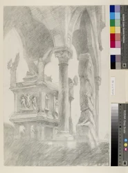 Studie för general Chiaroscuro av sarkofagen och baldakin av Mastino II della Scalas grav i Verona, ca. 1869 (grafit på papper)